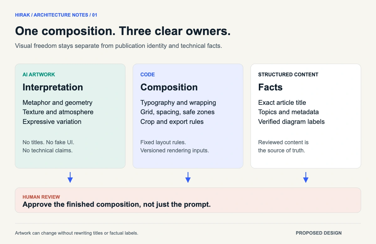 Three layers contribute to a reviewed hero: AI supplies metaphor and artwork, code controls typography and layout, and structured content supplies titles and verified labels. Human review approves the finished composition.
